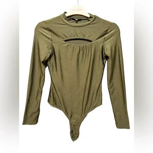 IRIS Metallic Olive Green Long Sleeve Mock Neck‎ Cutout Bodysuit Small